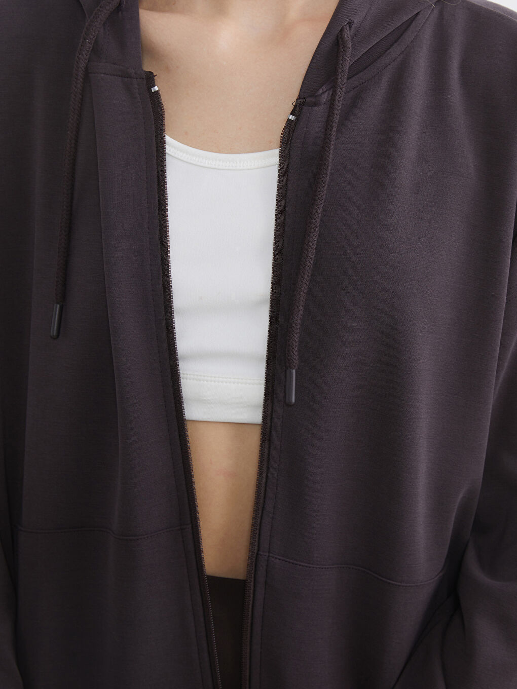 Kahverengi Kapüşonlu Soft Touch Kadın Fermuarlı Sweatshirt-2