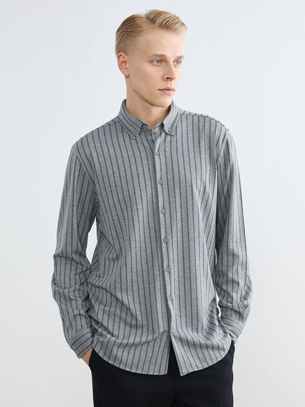 Antrasit Slim Fit Çizgili Erkek Gömlek