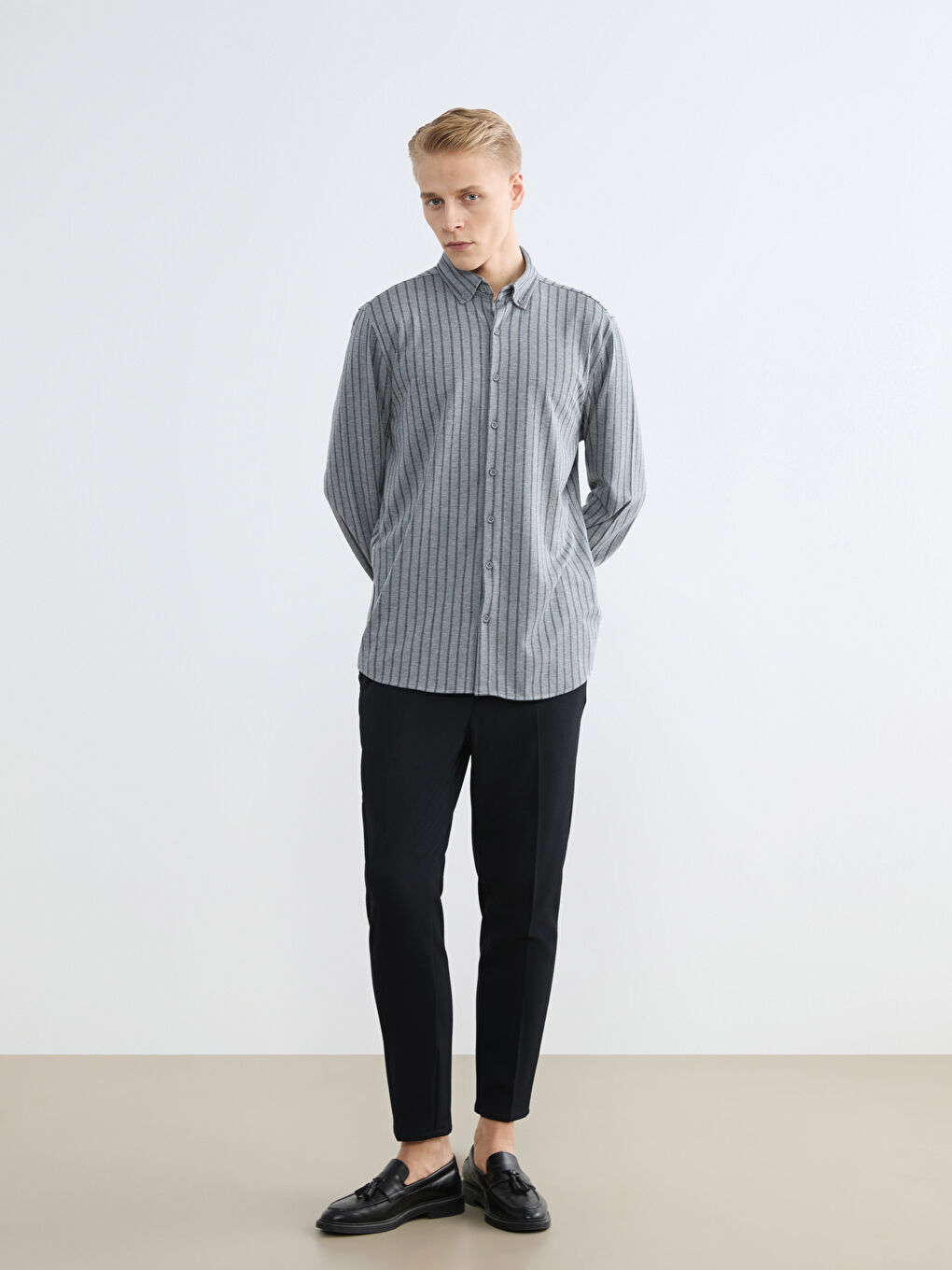 Antrasit Slim Fit Çizgili Erkek Gömlek-1