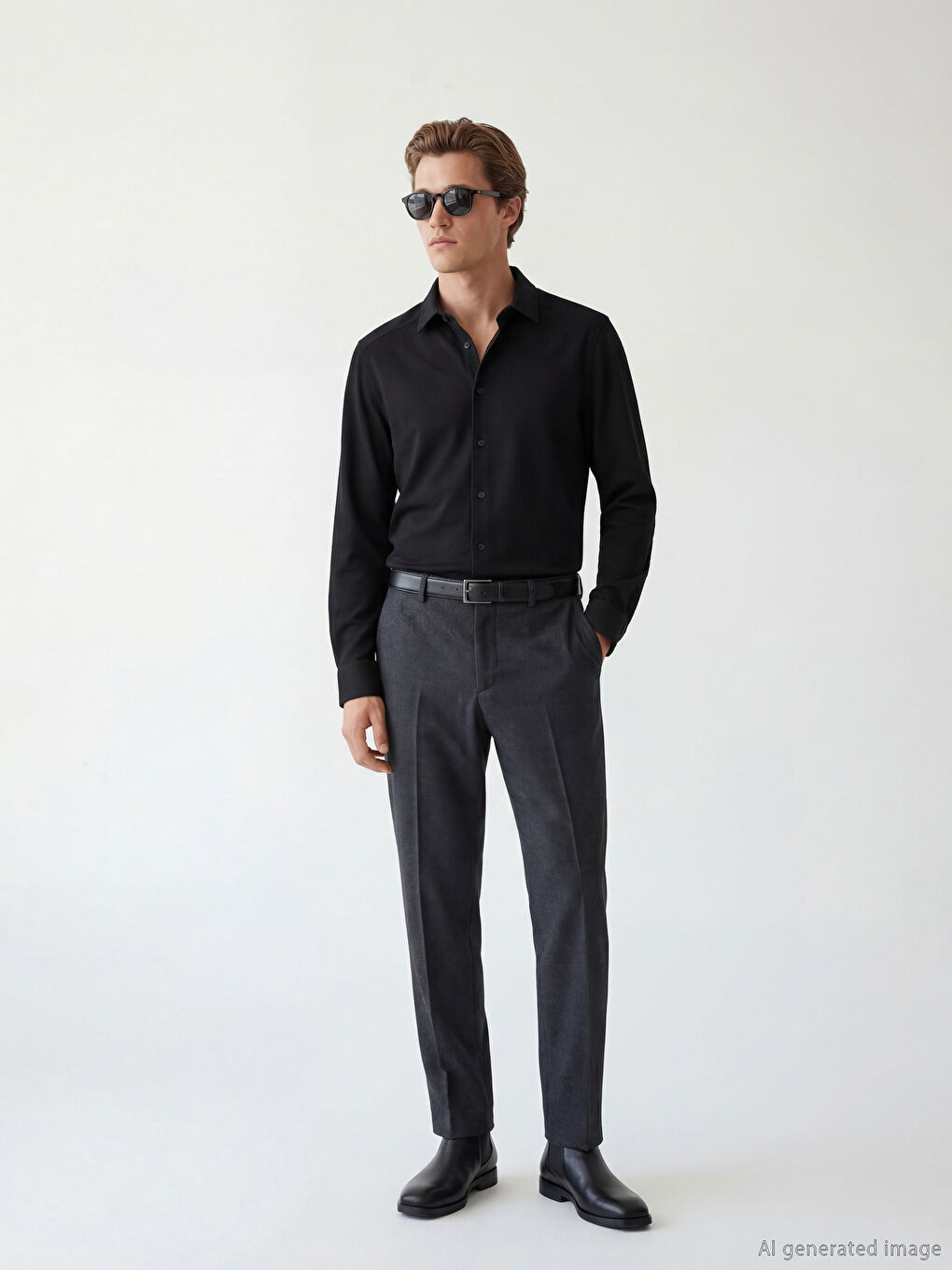 Siyah Slim Fit Uzun Kollu Erkek Dokulu Gömlek-1