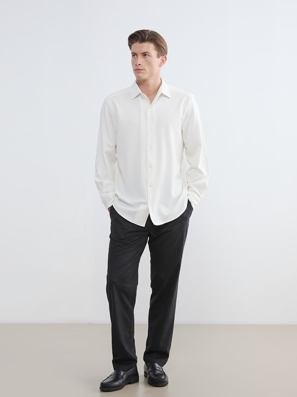 Ekru Slim Fit Uzun Kollu Erkek Dokulu Gömlek-1