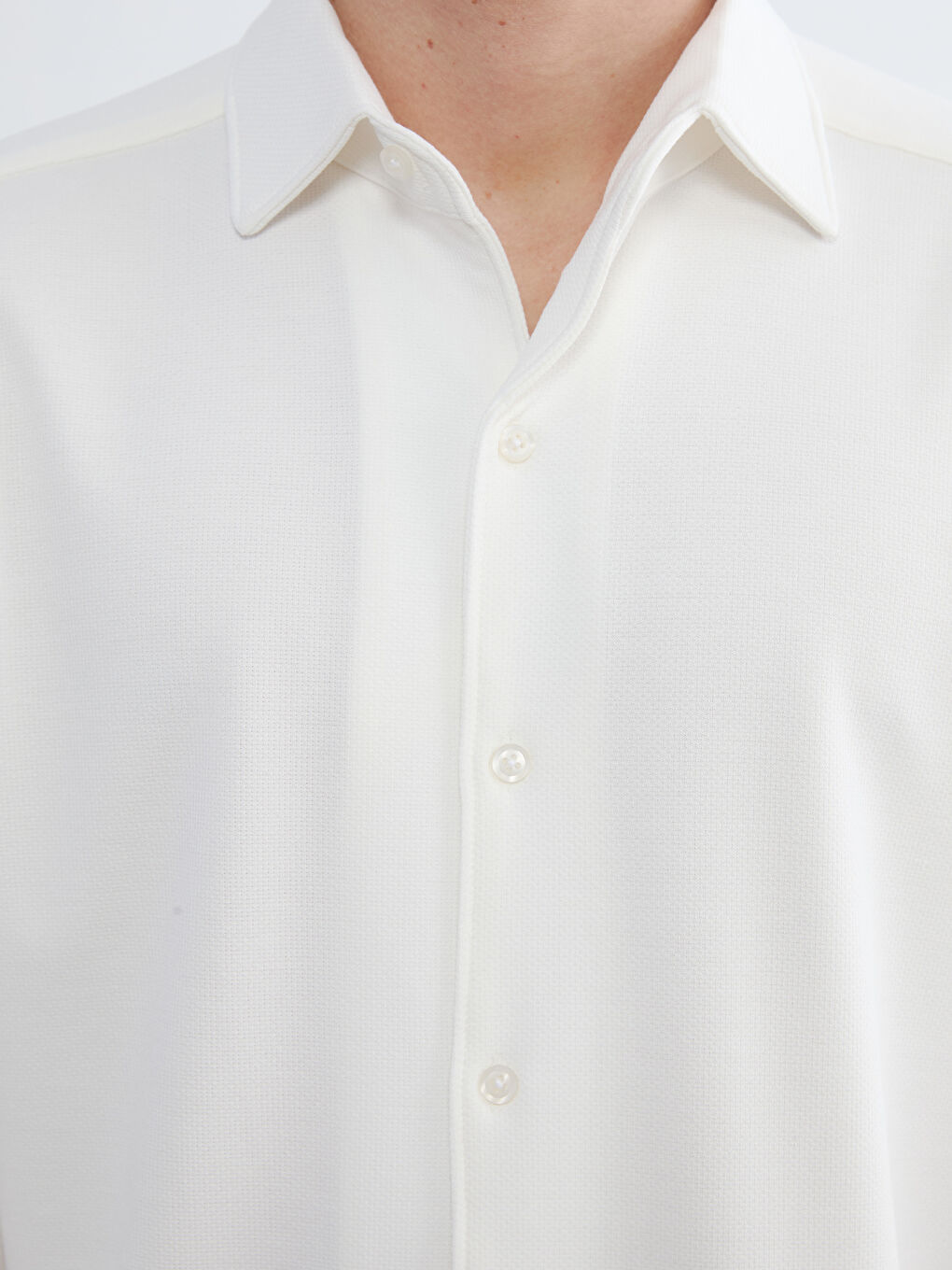 Ekru Slim Fit Uzun Kollu Erkek Dokulu Gömlek-2