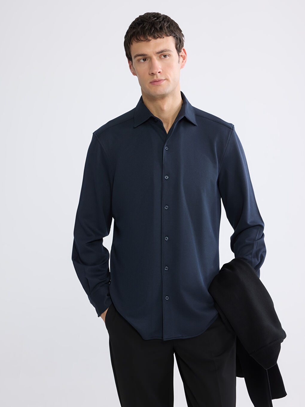 Lacivert Slim Fit Uzun Kollu Erkek Dokulu Gömlek