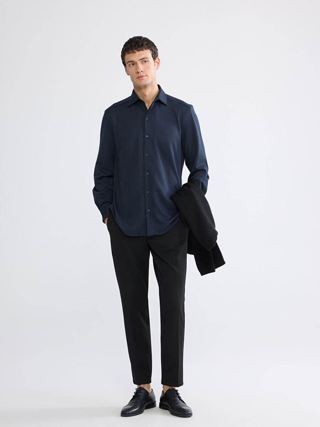 Lacivert Slim Fit Uzun Kollu Erkek Dokulu Gömlek-3