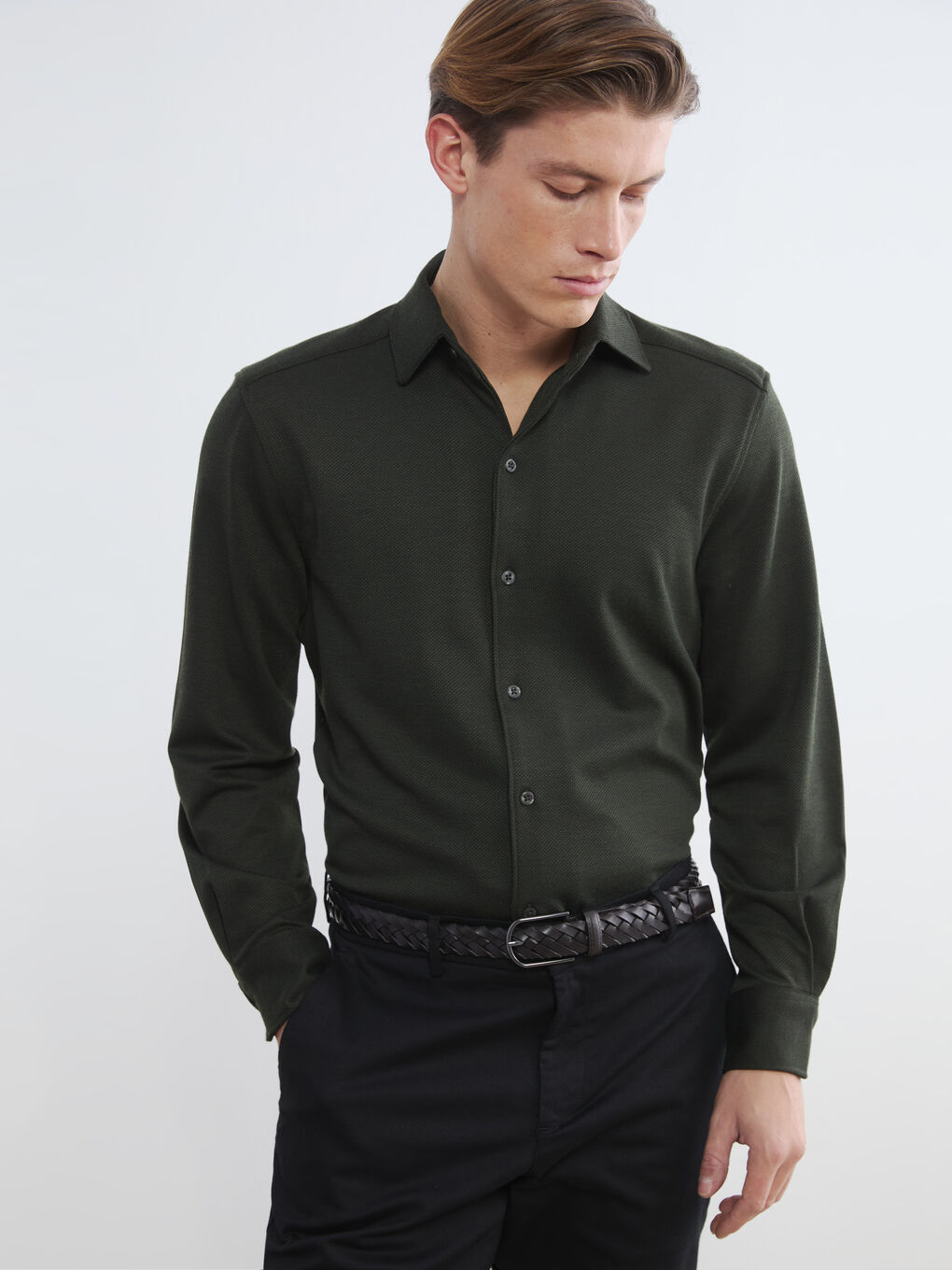 Yeşil Slim Fit Uzun Kollu Erkek Dokulu Gömlek