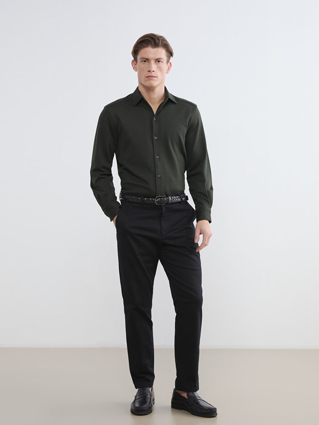 Yeşil Slim Fit Uzun Kollu Erkek Dokulu Gömlek-1