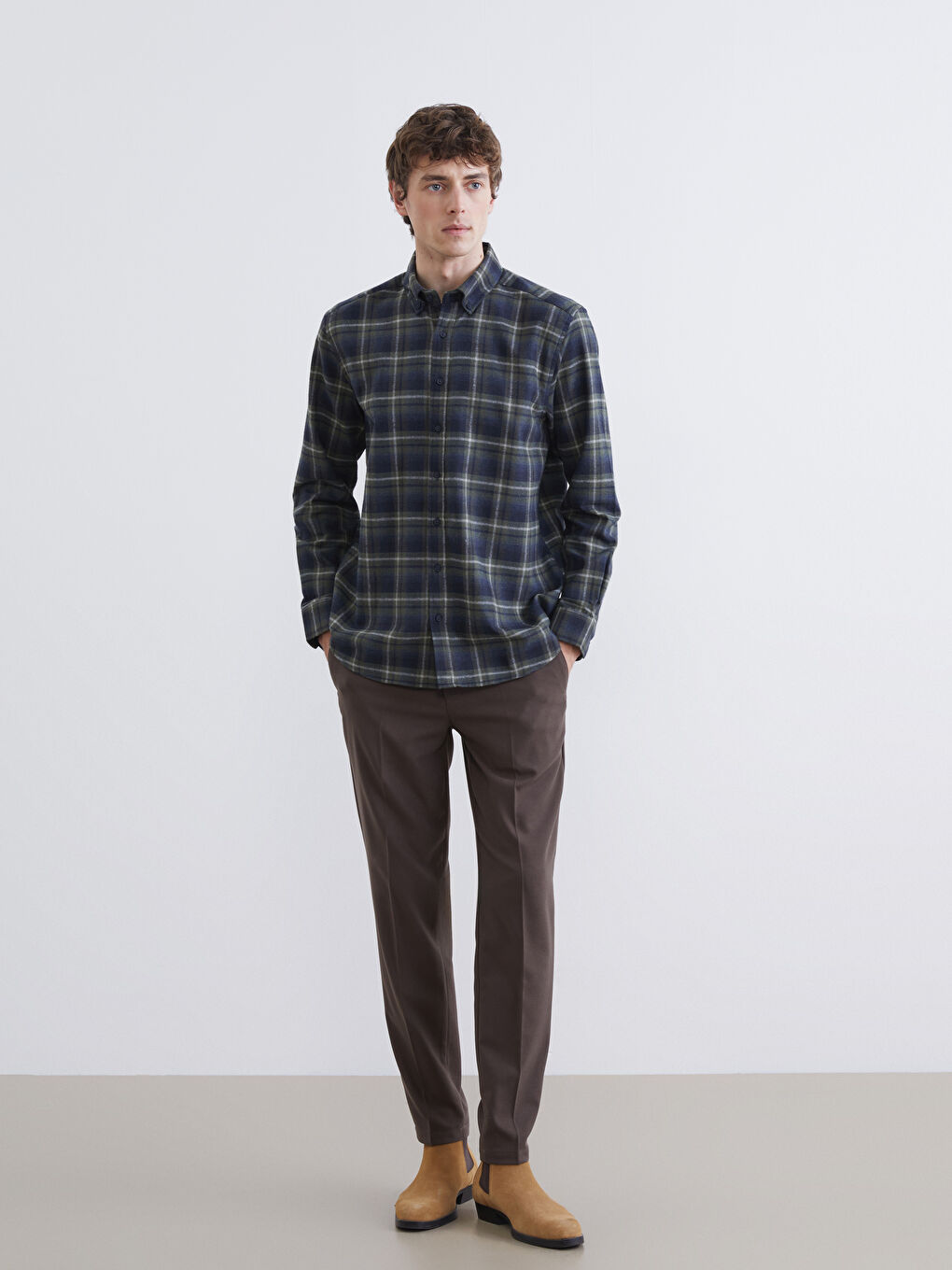 Haki Regular Fit Ekose Erkek Gömlek-1