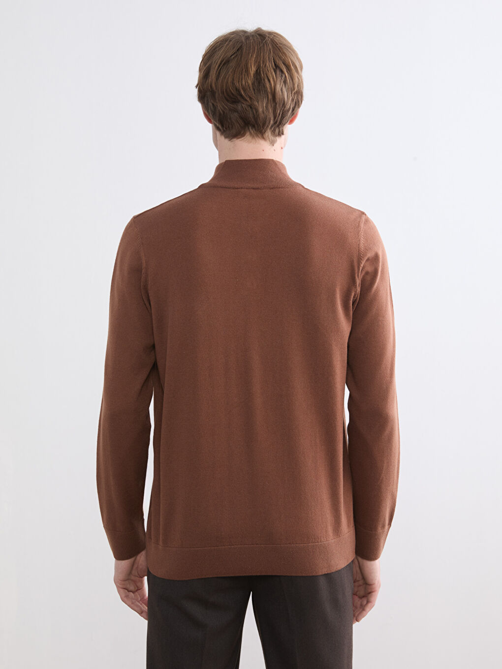 Kahverengi Dik Yaka Erkek Triko Kazak-3