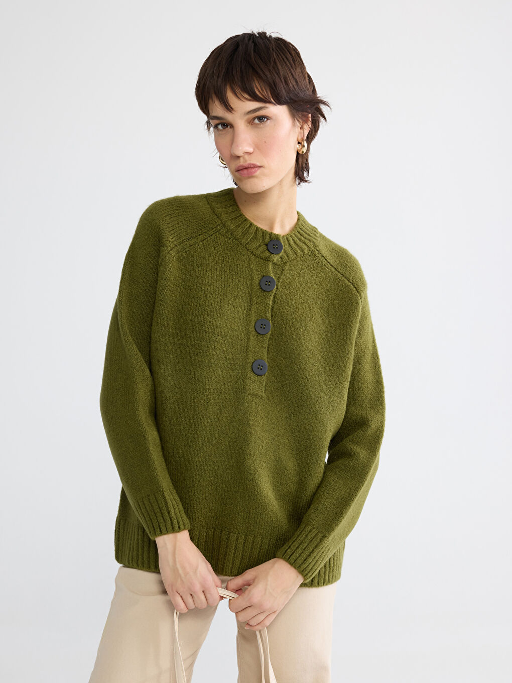 Yeşil Bisiklet Yaka Kadın Triko Kazak	