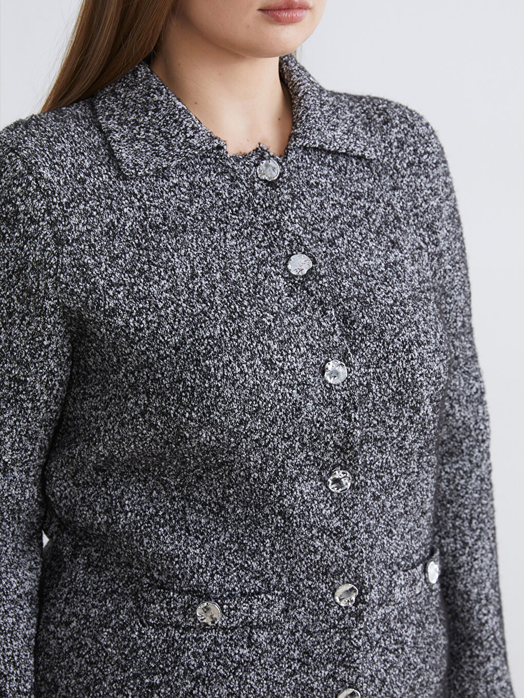 Siyah Büyük Beden Polo Yaka Desenli Kadın Triko Hırka-2