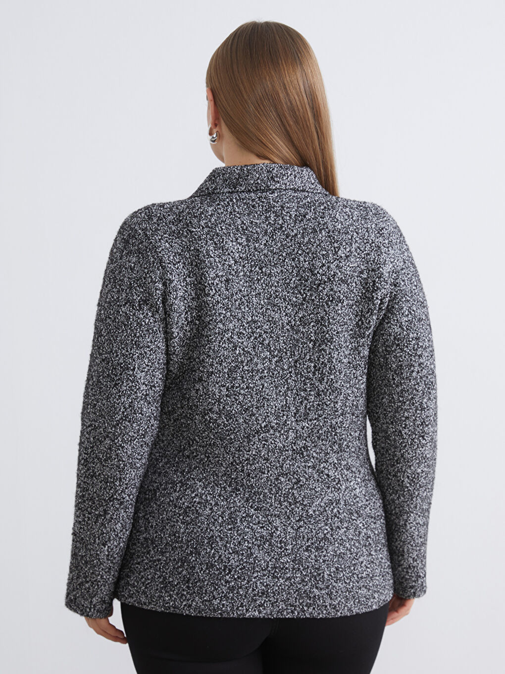 Siyah Büyük Beden Polo Yaka Desenli Kadın Triko Hırka-3