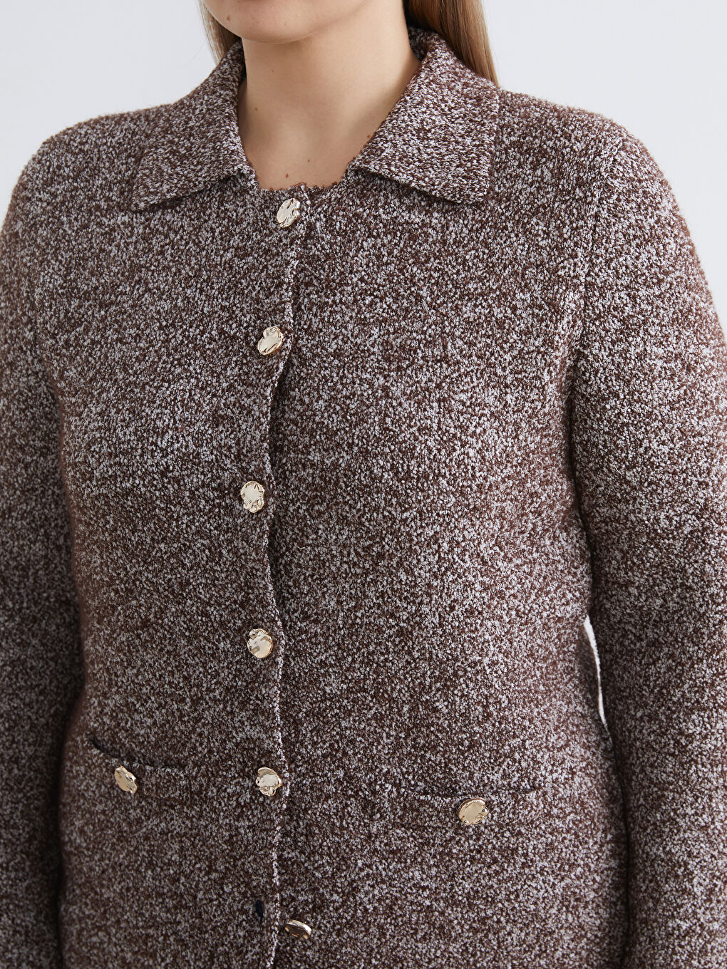 Kahverengi Büyük Beden Polo Yaka Desenli Kadın Triko Hırka-2