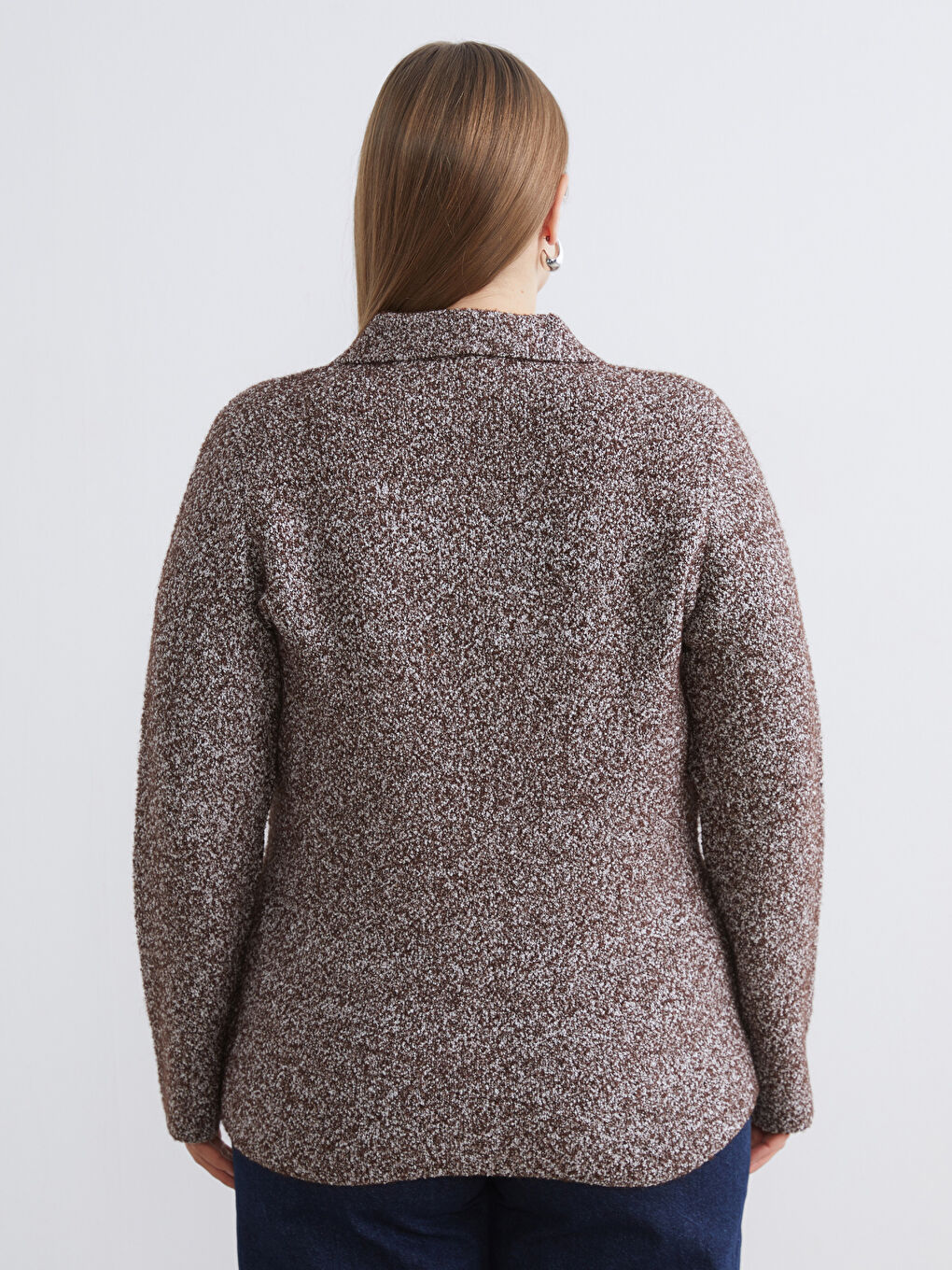 Kahverengi Büyük Beden Polo Yaka Desenli Kadın Triko Hırka-3