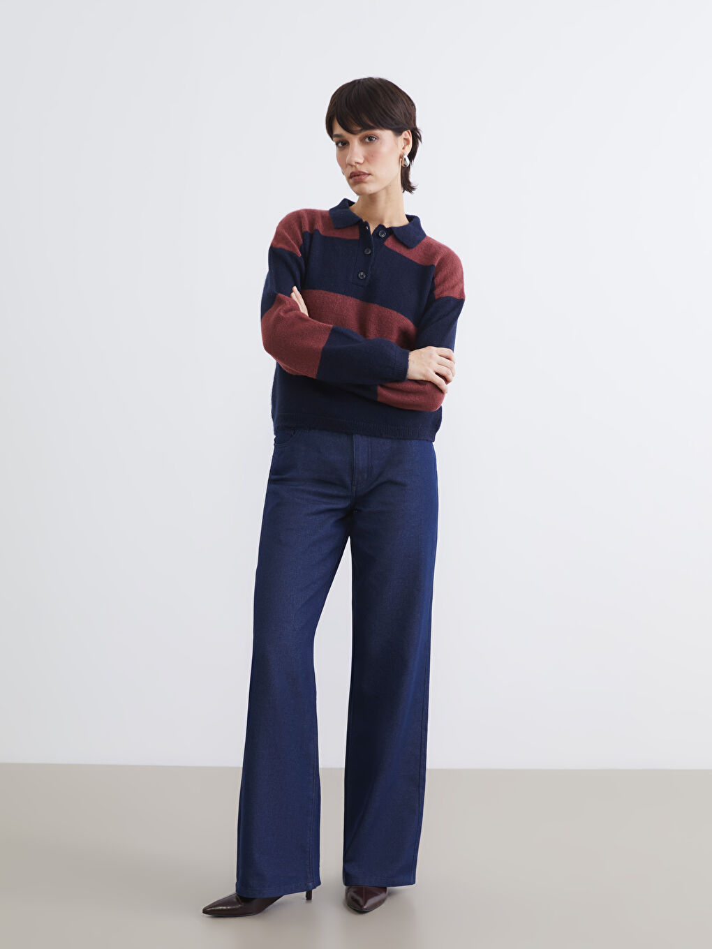 Lacivert Polo Yaka Çizgili Kadın Triko Kazak-1