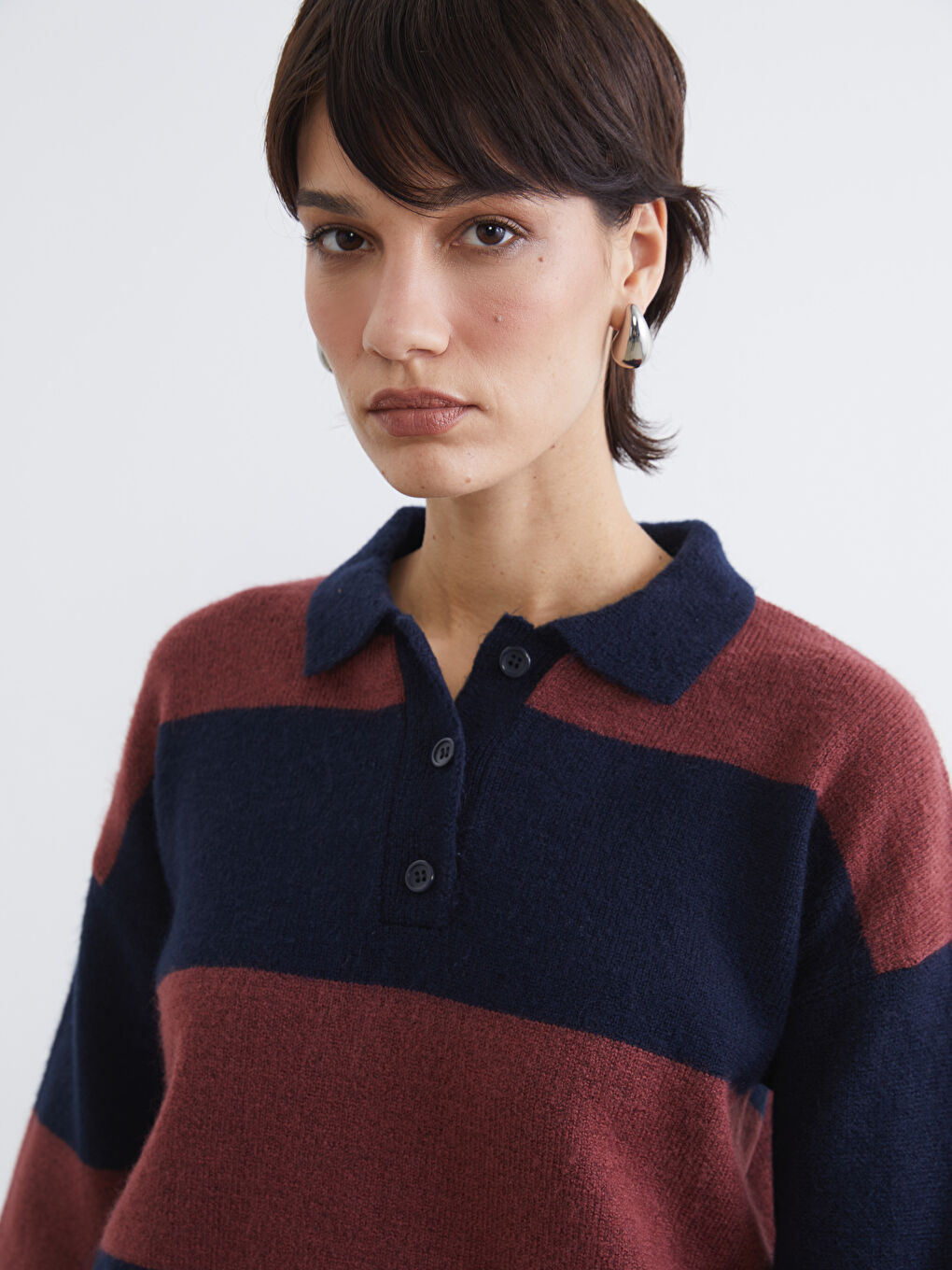 Lacivert Polo Yaka Çizgili Kadın Triko Kazak-2