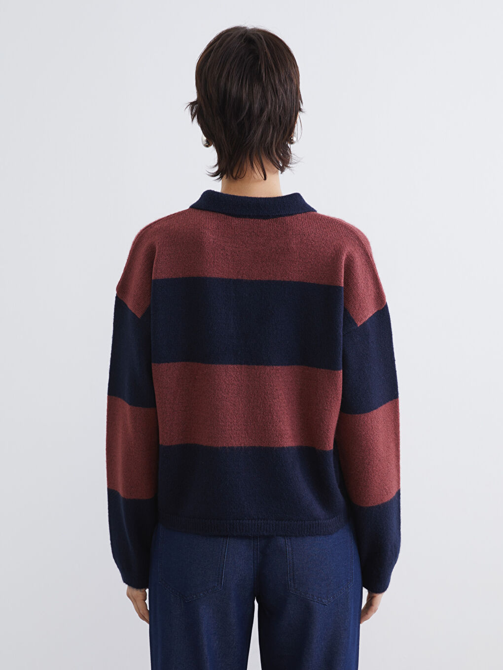 Lacivert Polo Yaka Çizgili Kadın Triko Kazak-3