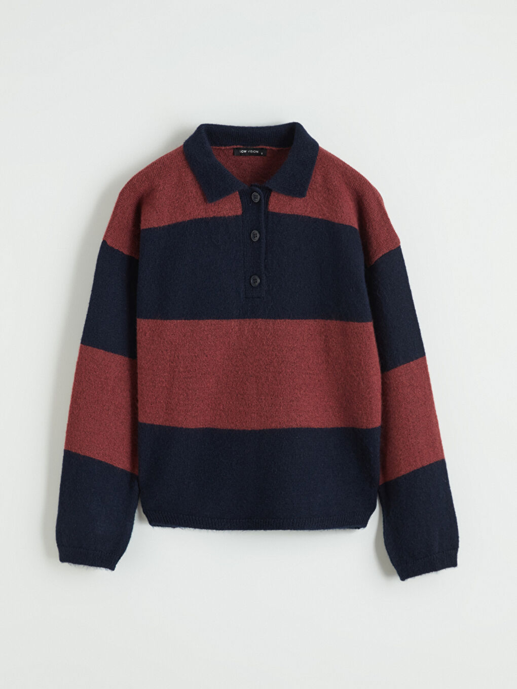 Lacivert Polo Yaka Çizgili Kadın Triko Kazak-4