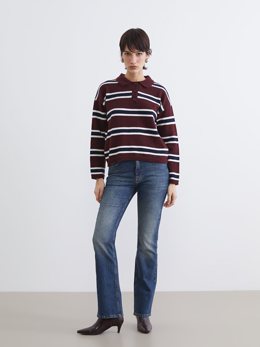 Kırmızı Polo Yaka Çizgili Kadın Triko Kazak-1