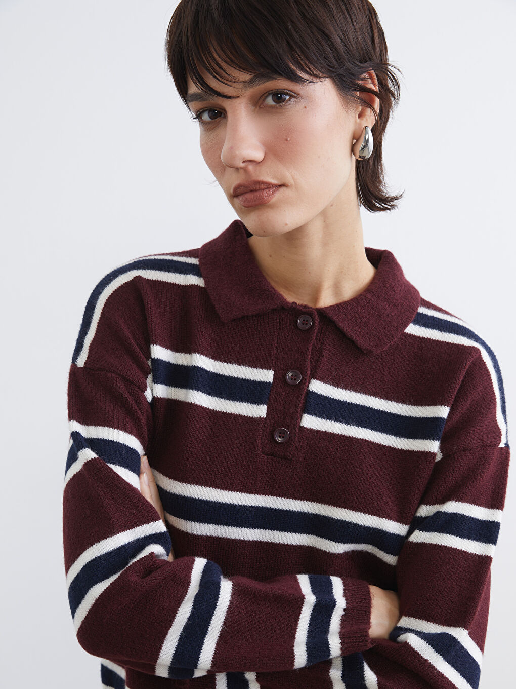 Kırmızı Polo Yaka Çizgili Kadın Triko Kazak-2