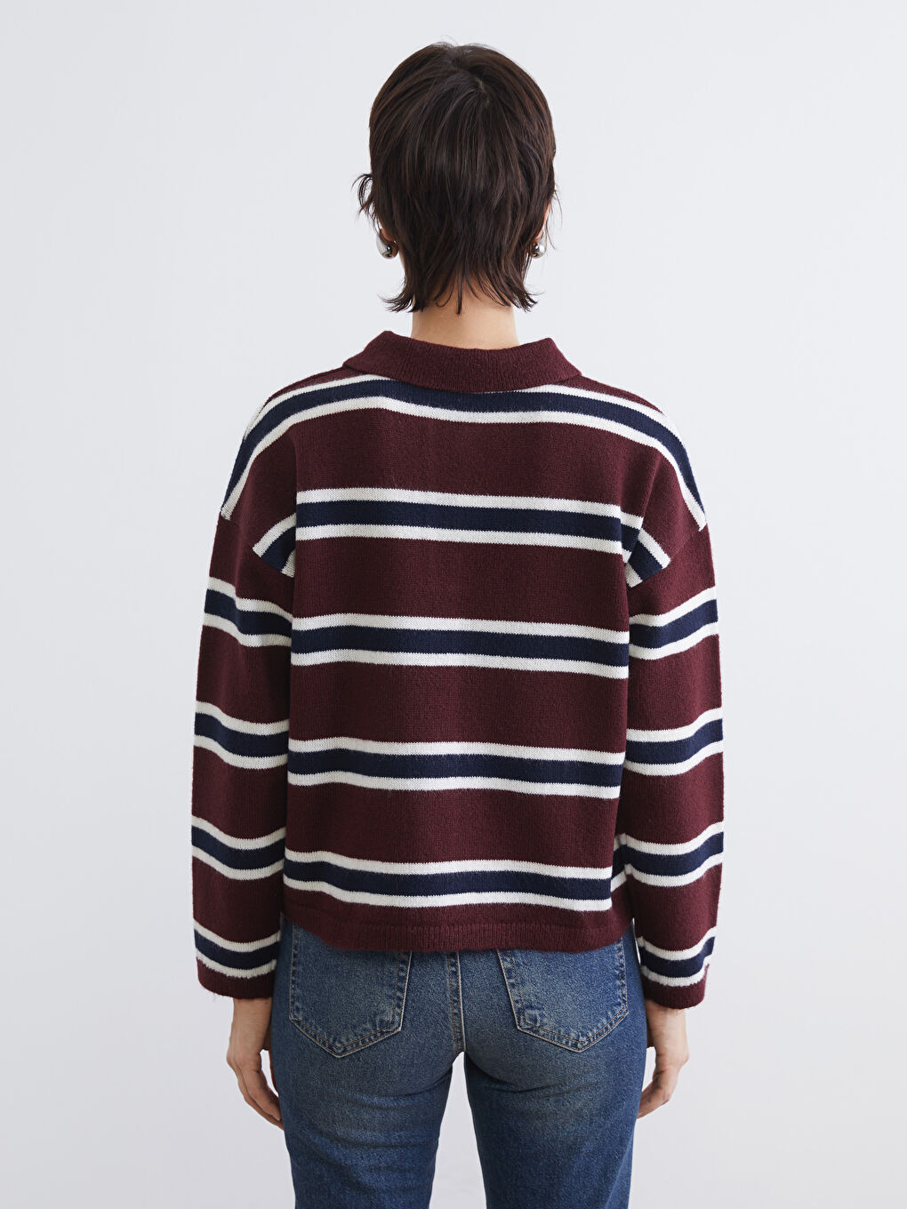 Kırmızı Polo Yaka Çizgili Kadın Triko Kazak-3