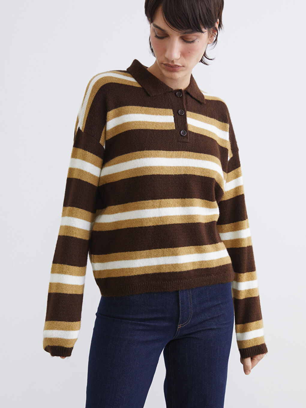 Kahverengi Polo Yaka Çizgili Kadın Triko Kazak