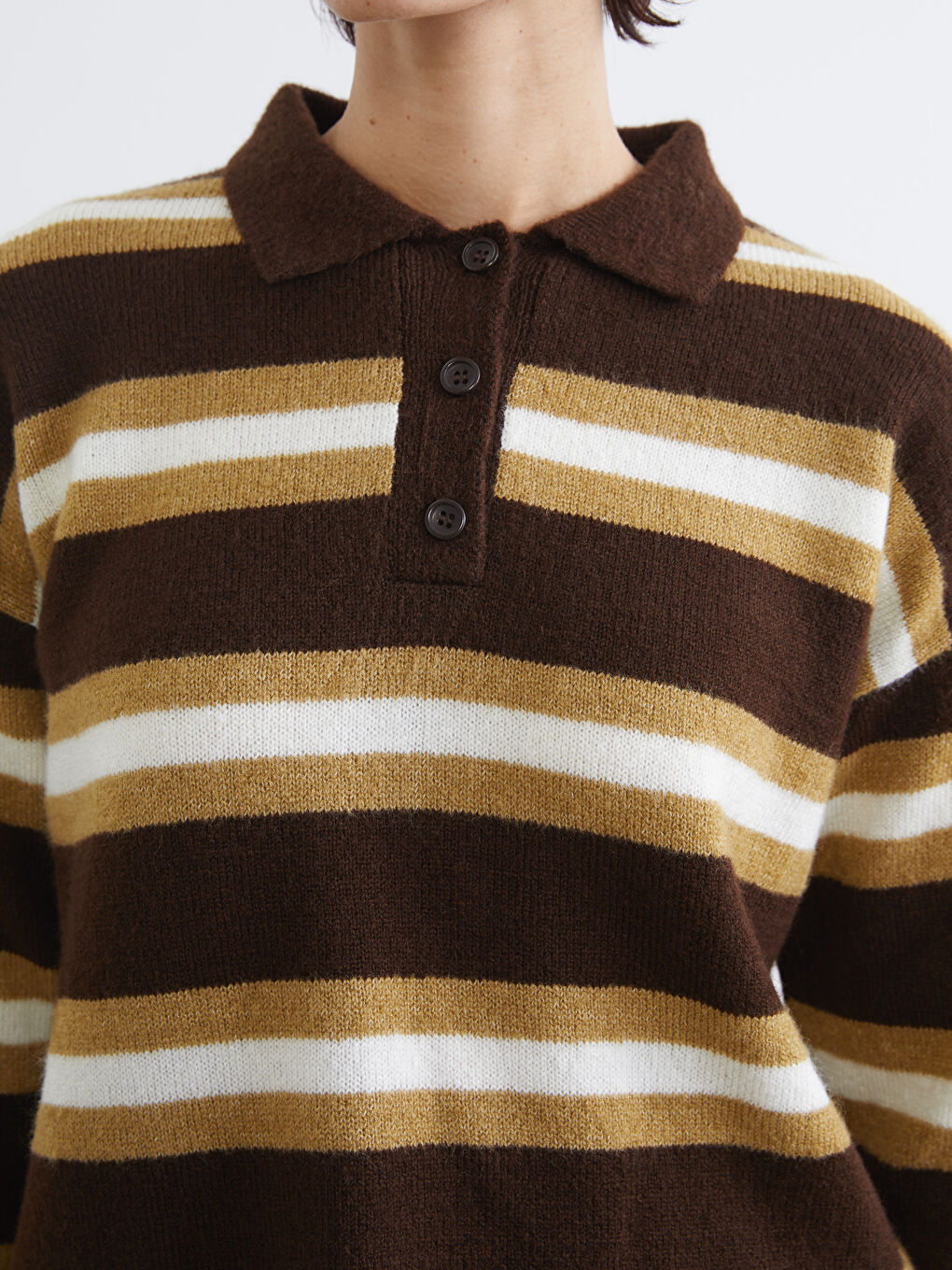 Kahverengi Polo Yaka Çizgili Kadın Triko Kazak-2