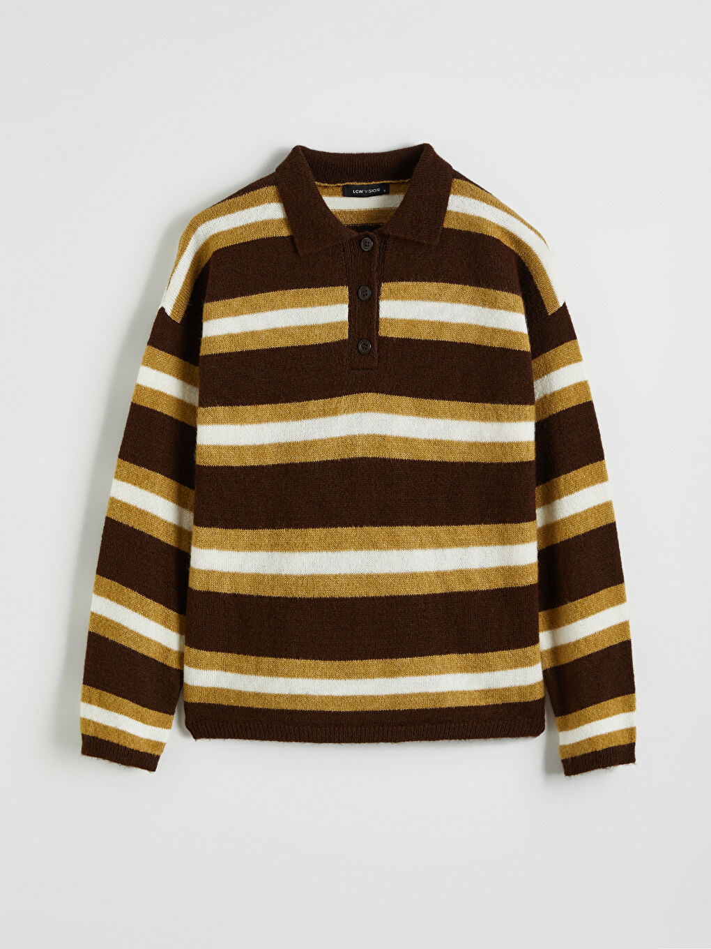 Kahverengi Polo Yaka Çizgili Kadın Triko Kazak-4