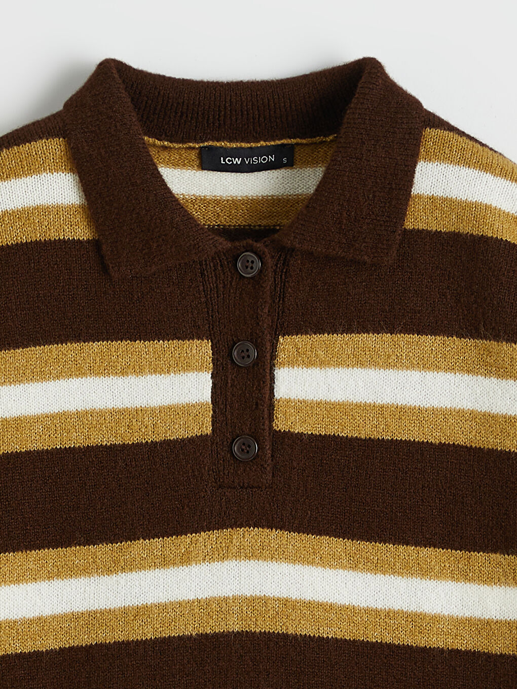 Kahverengi Polo Yaka Çizgili Kadın Triko Kazak-5