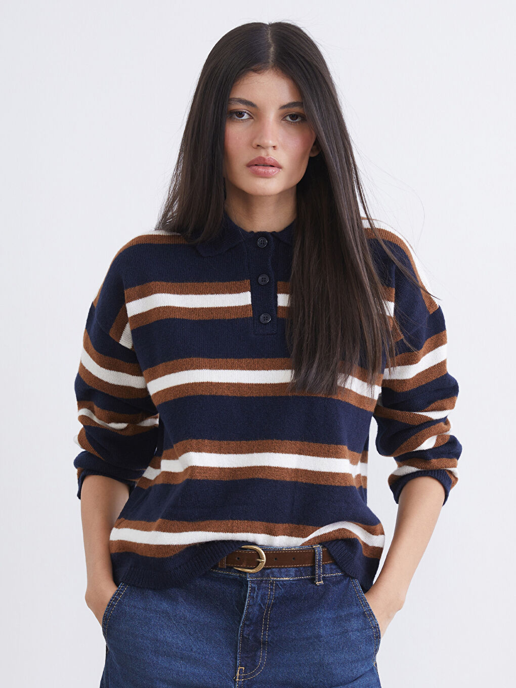 Lacivert Polo Yaka Çizgili Kadın Triko Kazak