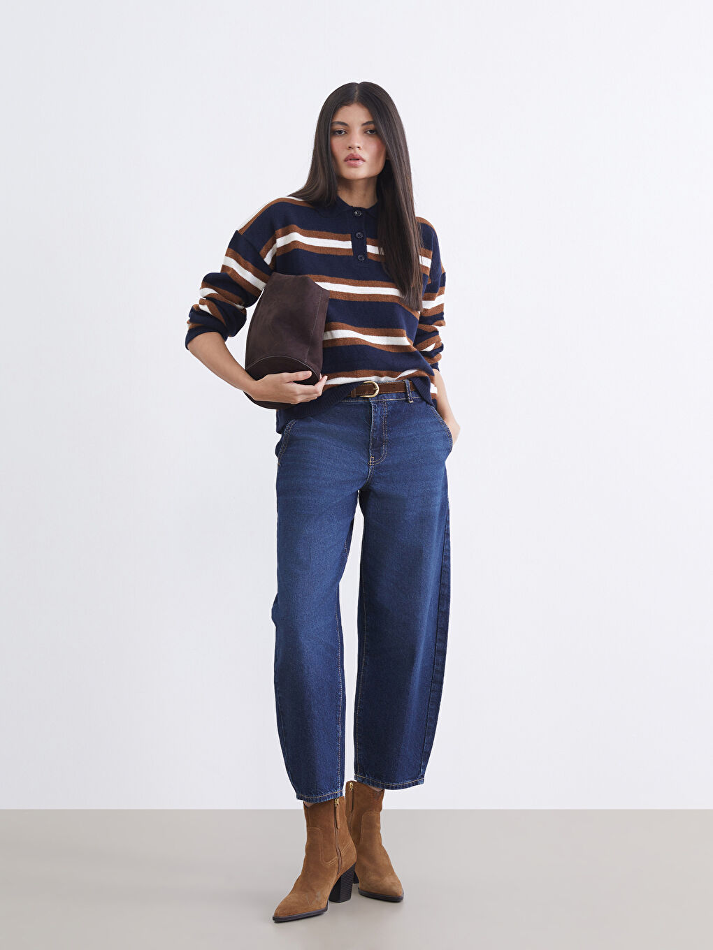 Lacivert Polo Yaka Çizgili Kadın Triko Kazak-1