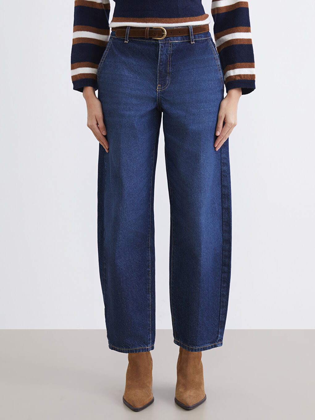 Lacivert Polo Yaka Çizgili Kadın Triko Kazak-2