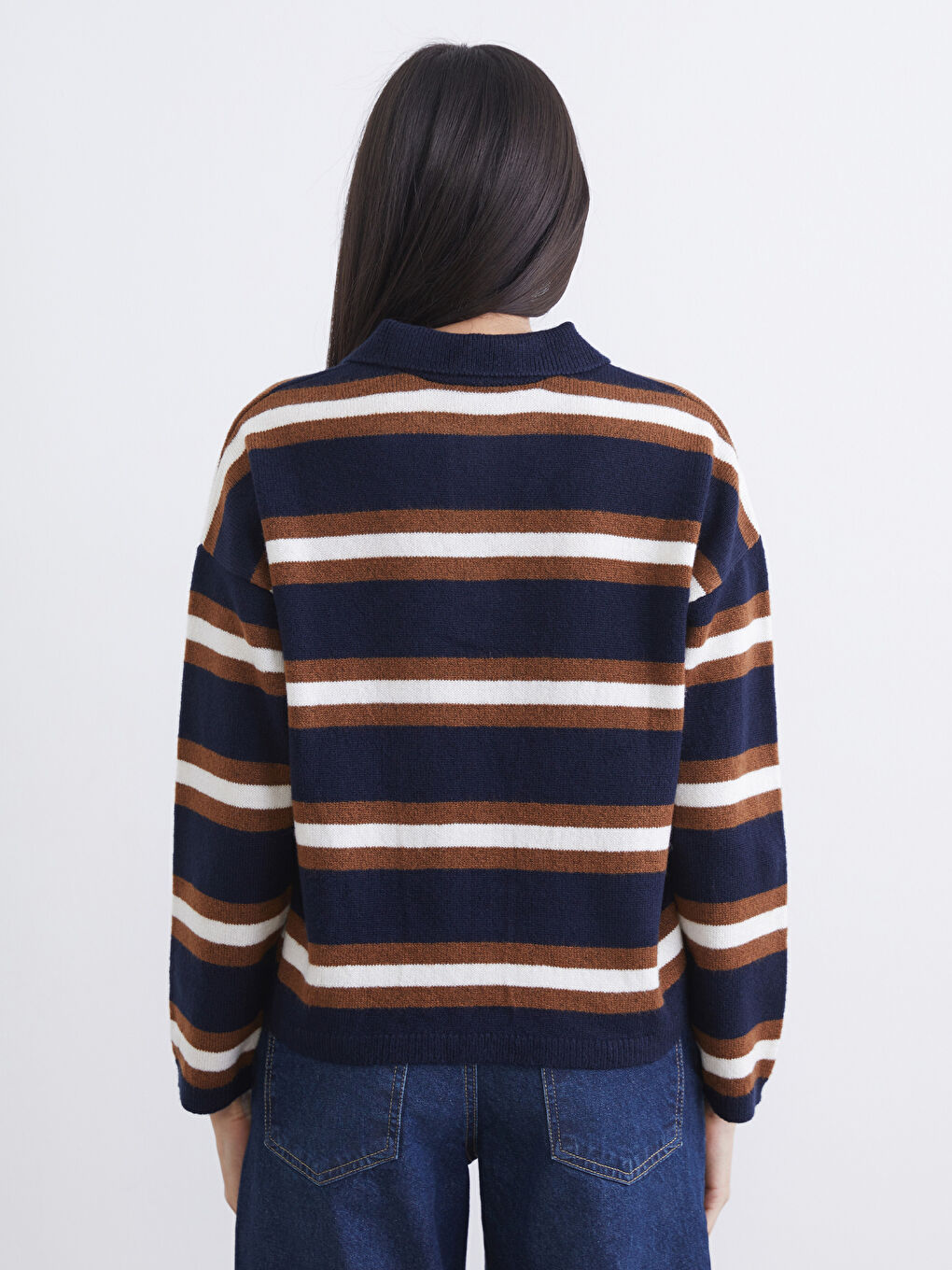 Lacivert Polo Yaka Çizgili Kadın Triko Kazak-3
