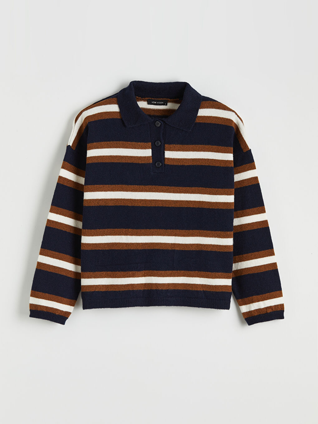 Lacivert Polo Yaka Çizgili Kadın Triko Kazak-4