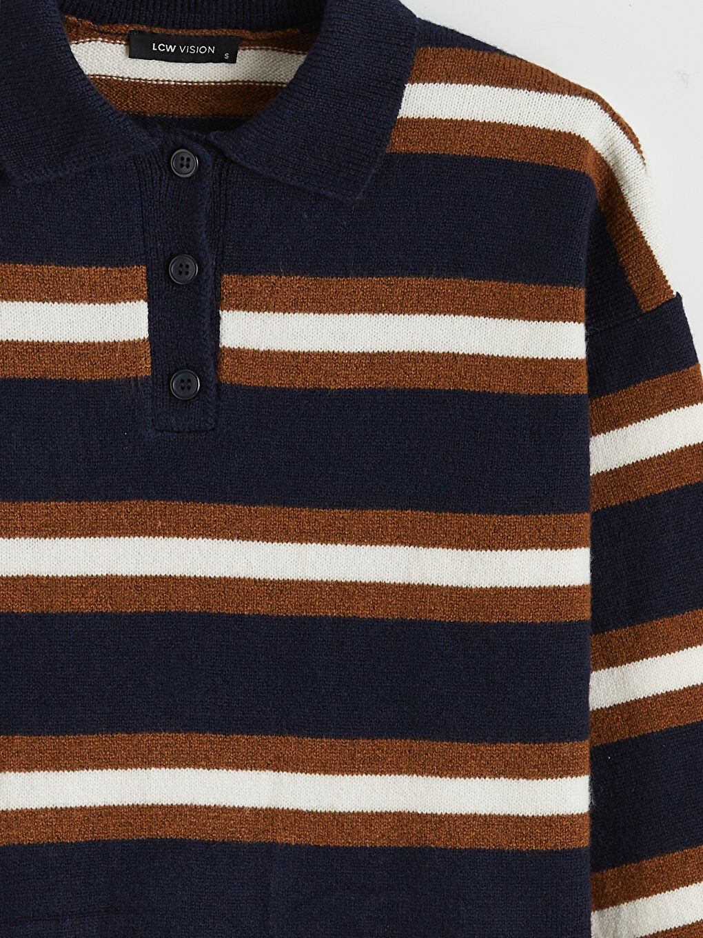 Lacivert Polo Yaka Çizgili Kadın Triko Kazak-5