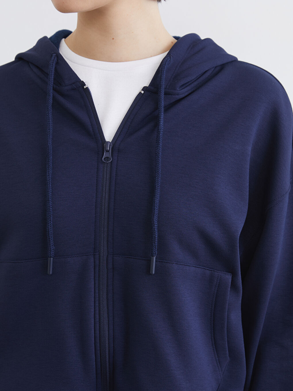 Lacivert Kapüşonlu Soft Touch Kadın Fermuarlı Sweatshirt-2