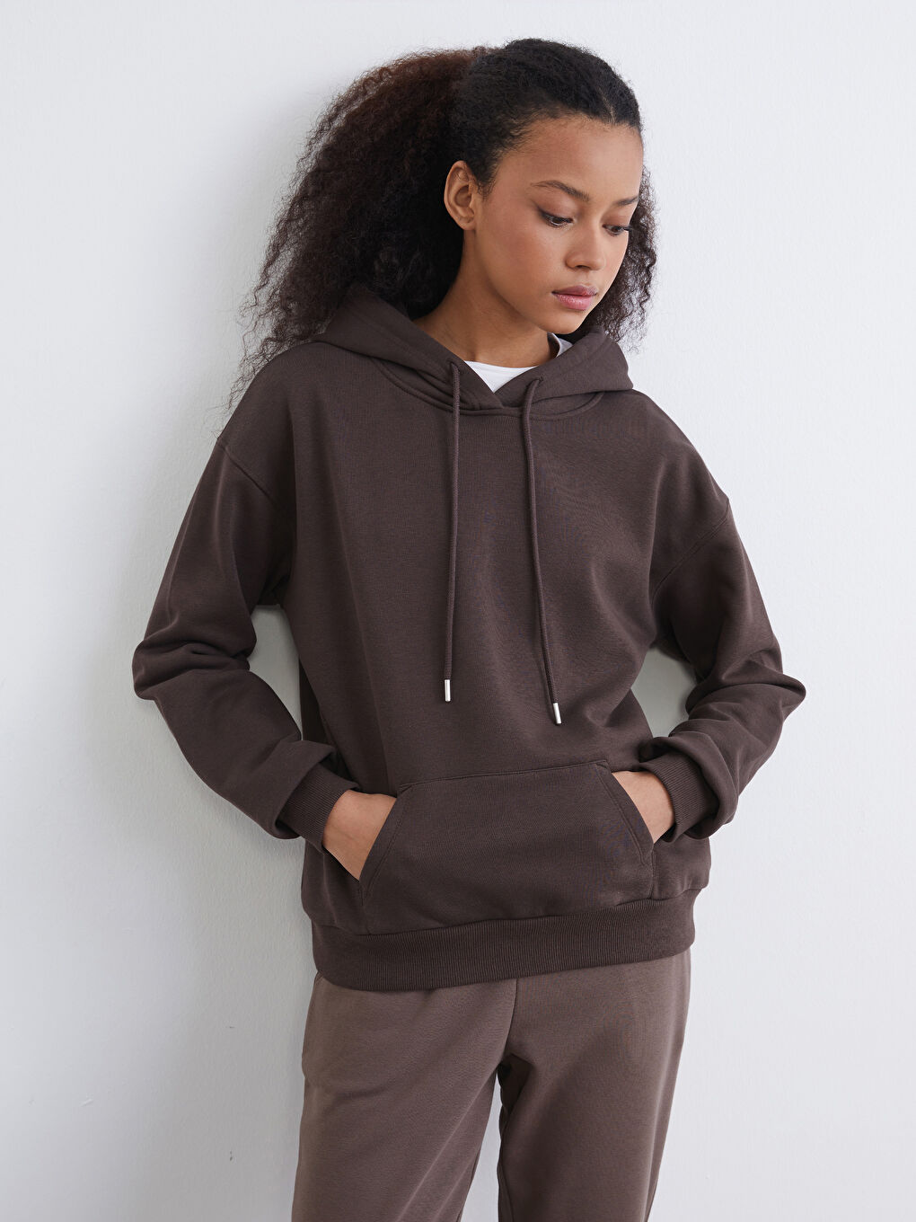 Kahverengi Oversize Kadın Kalın Hoodie
