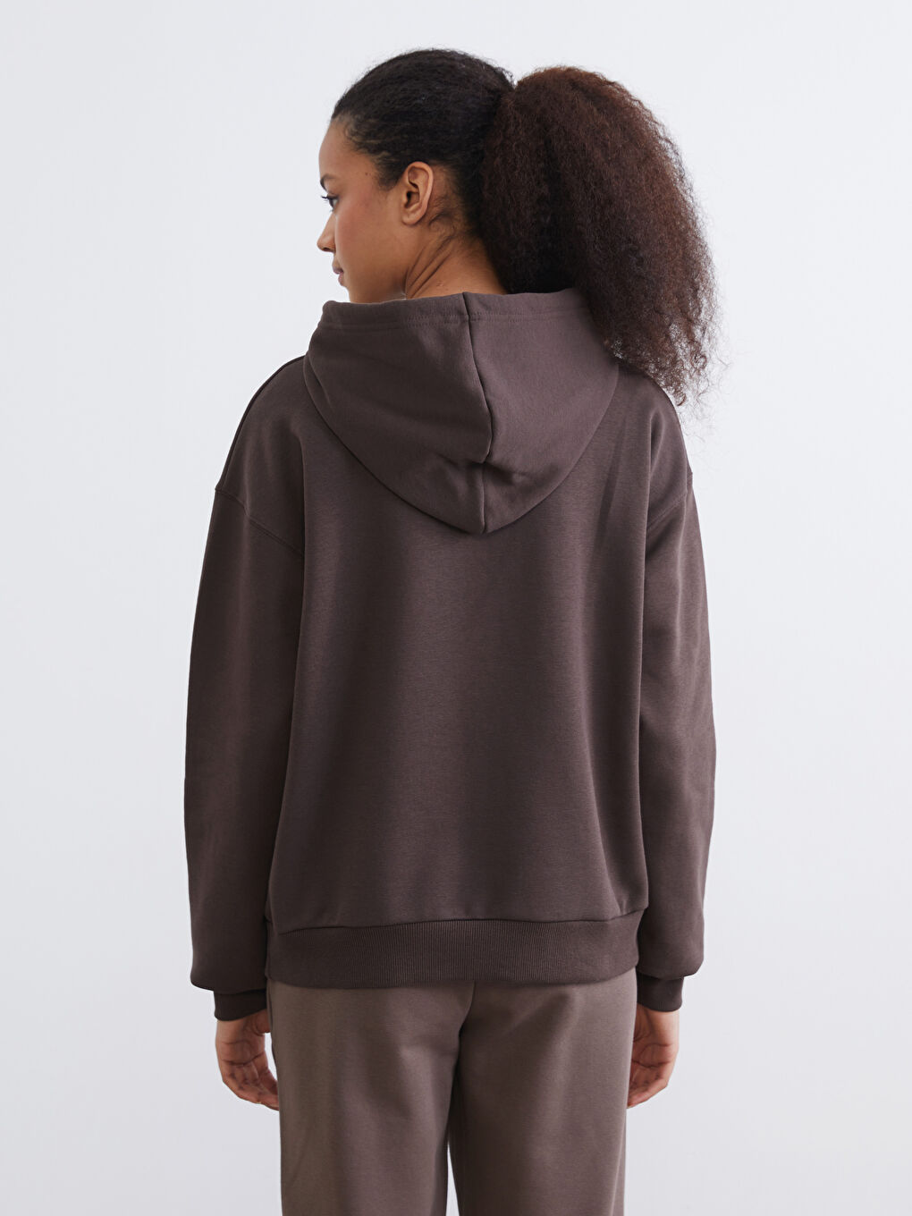 Kahverengi Oversize Kadın Kalın Hoodie-3