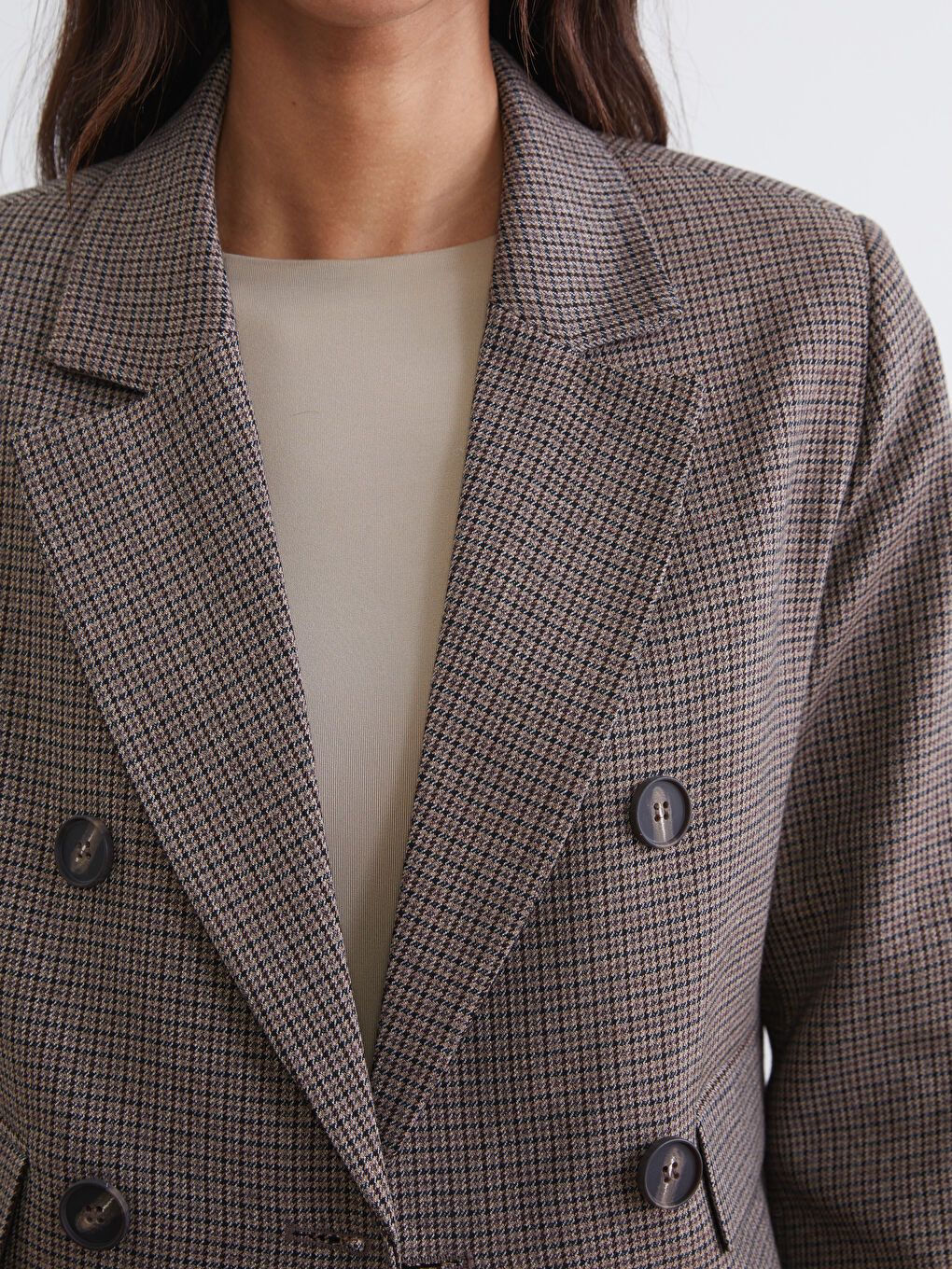 Kahverengi Kazayağı Desenli Crop Kadın Blazer Ceket-2