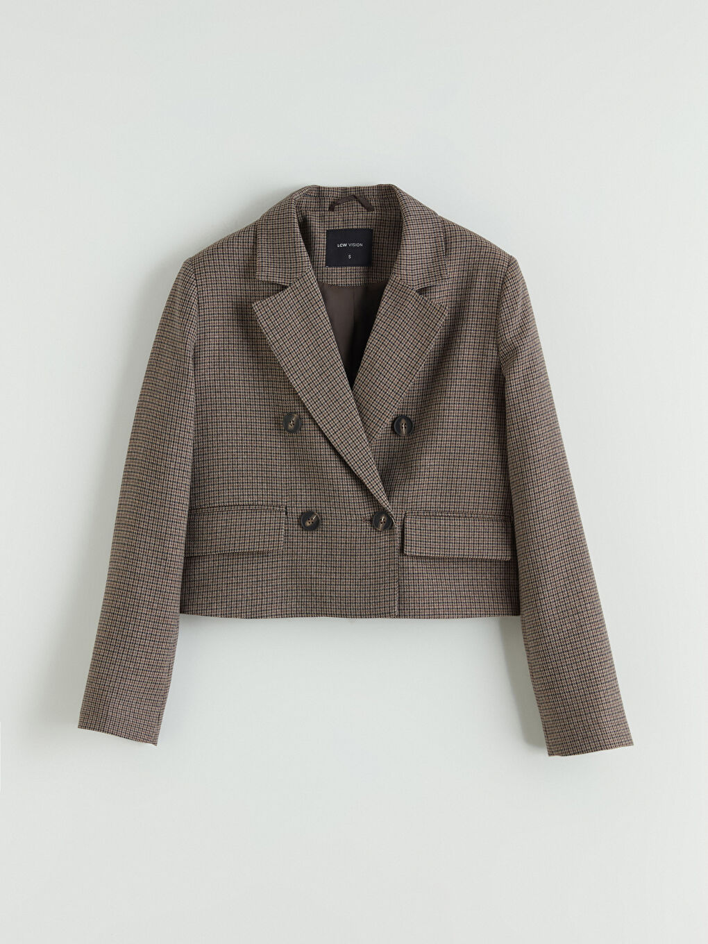 Kahverengi Kazayağı Desenli Crop Kadın Blazer Ceket-5