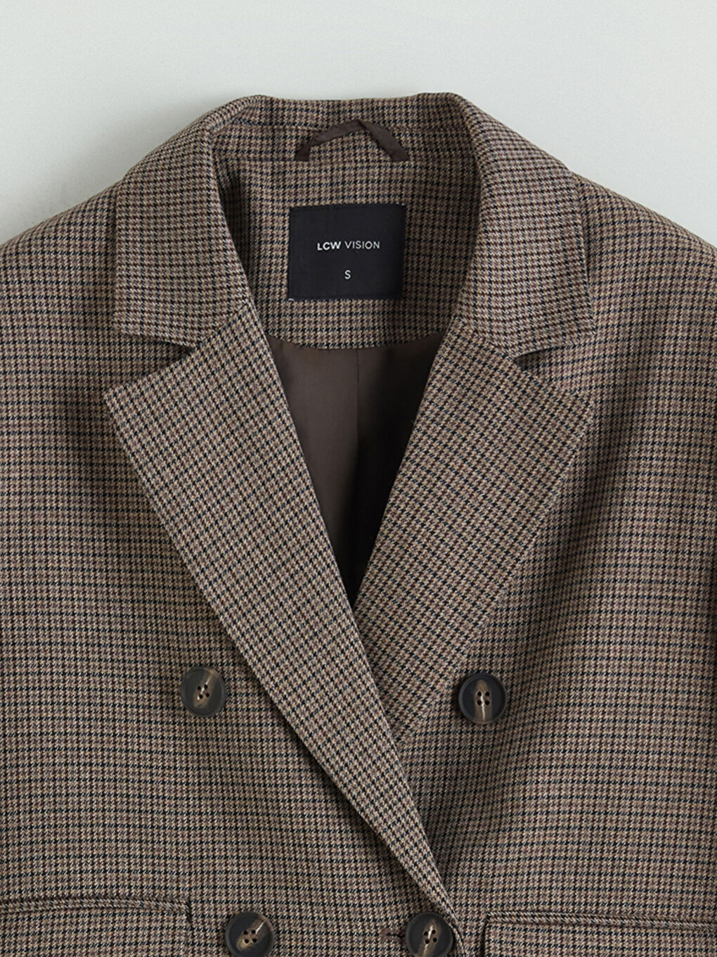 Kahverengi Kazayağı Desenli Crop Kadın Blazer Ceket-6