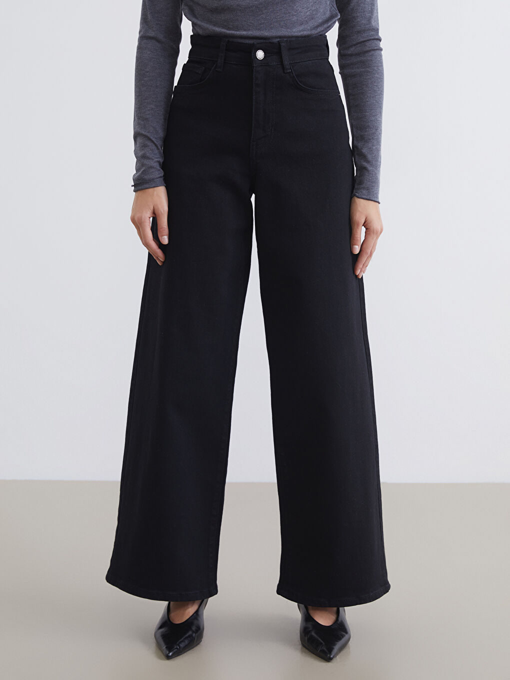 Siyah Wideleg Kadın Jean Pantolon-1