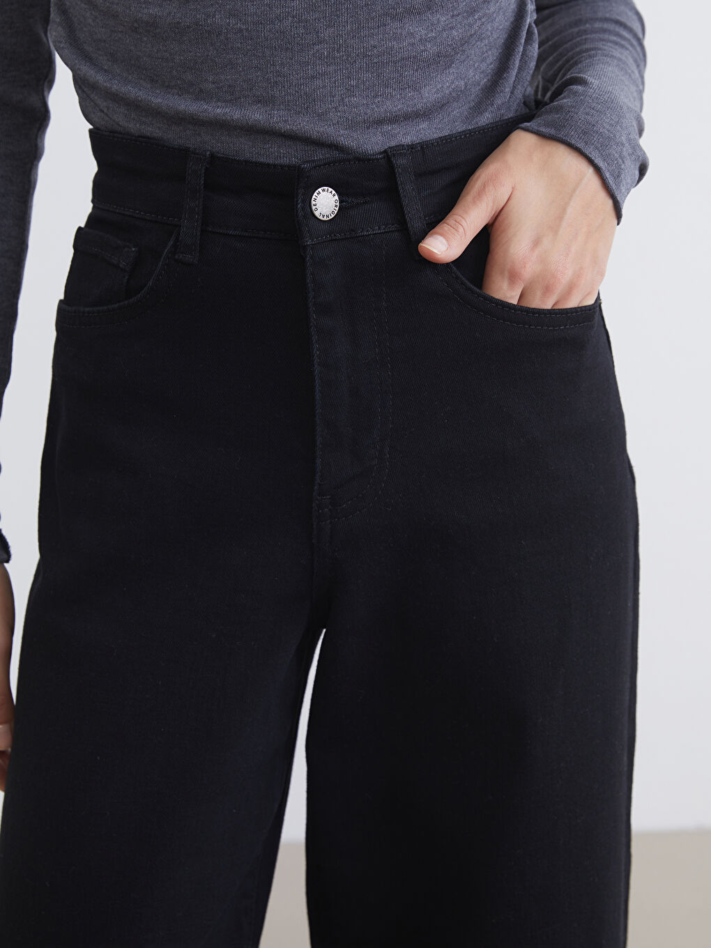 Siyah Wideleg Kadın Jean Pantolon-2