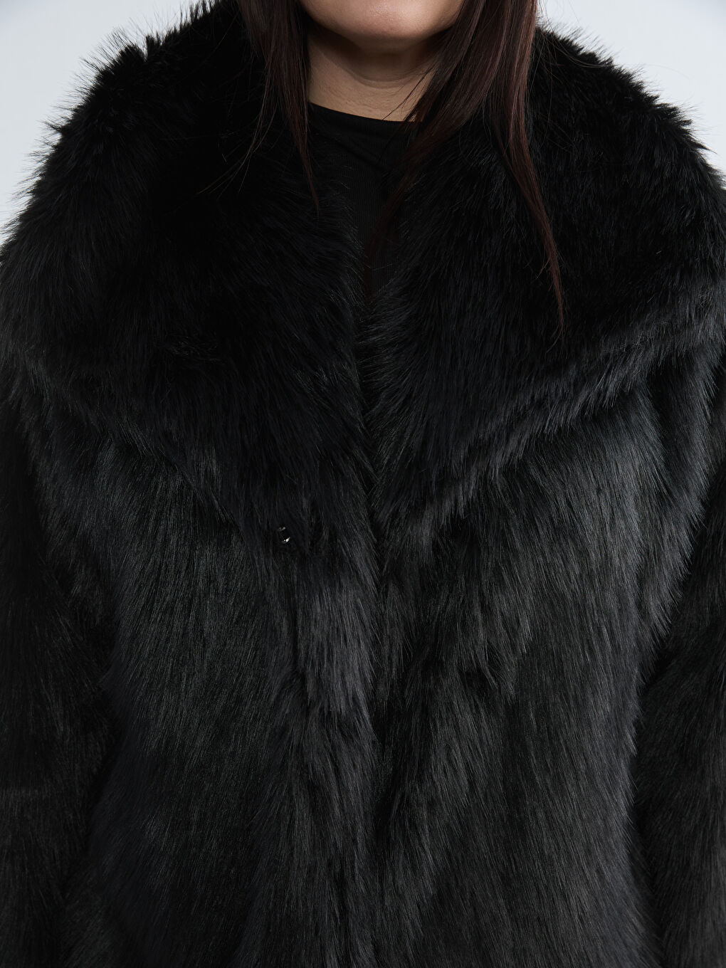 Siyah Şal Yaka Kadın Kürk Mont	-2