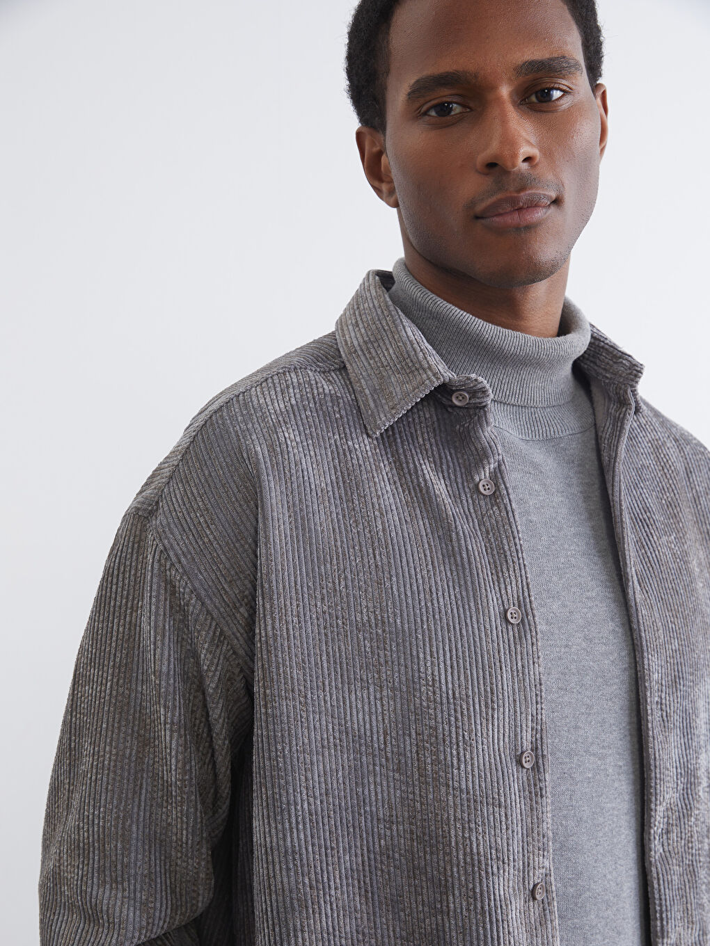 Gri Regular Fit Kadife Erkek Gömlek-1
