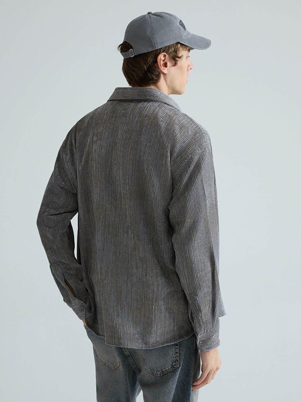 Gri Regular Fit Kadife Erkek Gömlek-7