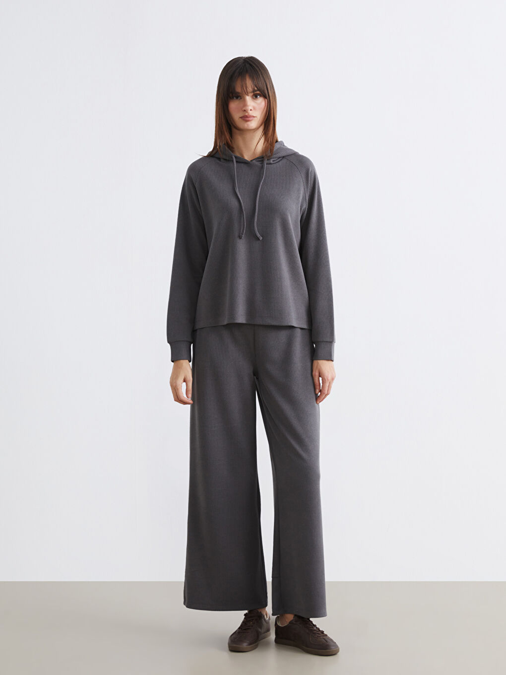 Gri Fitilli Bağcıklı Kadın Hoodie-1