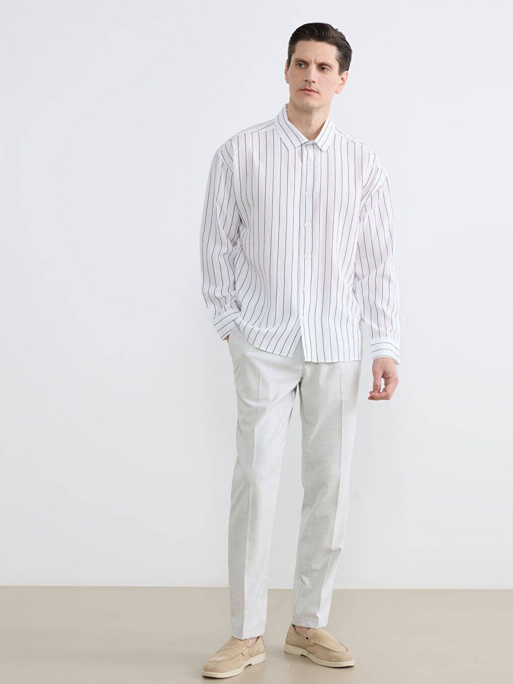 Beyaz Regular Fit Çizgili Erkek Gömlek-1
