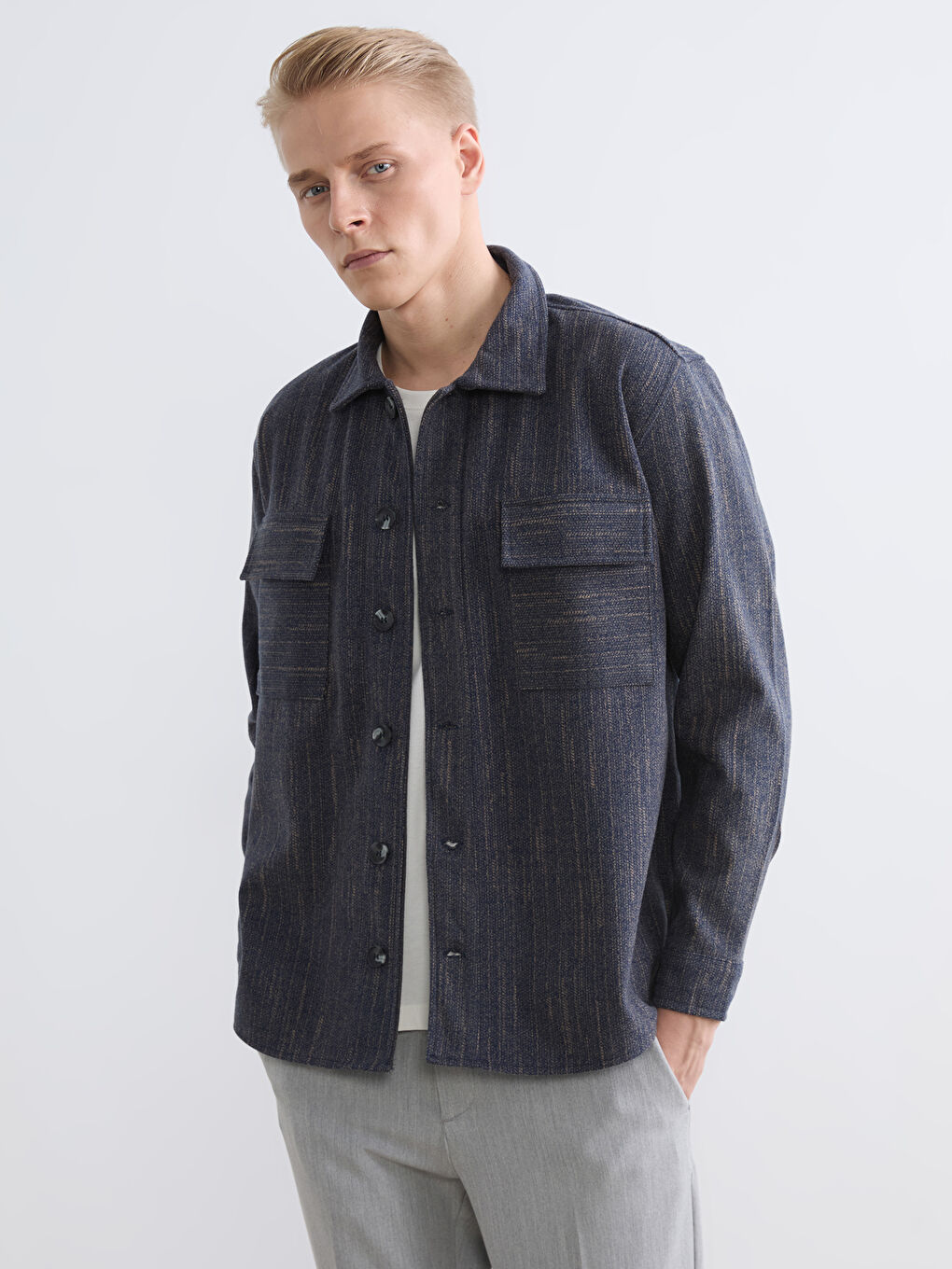 Mavi Rahat Kalıp Erkek Dokulu Gömlek-4