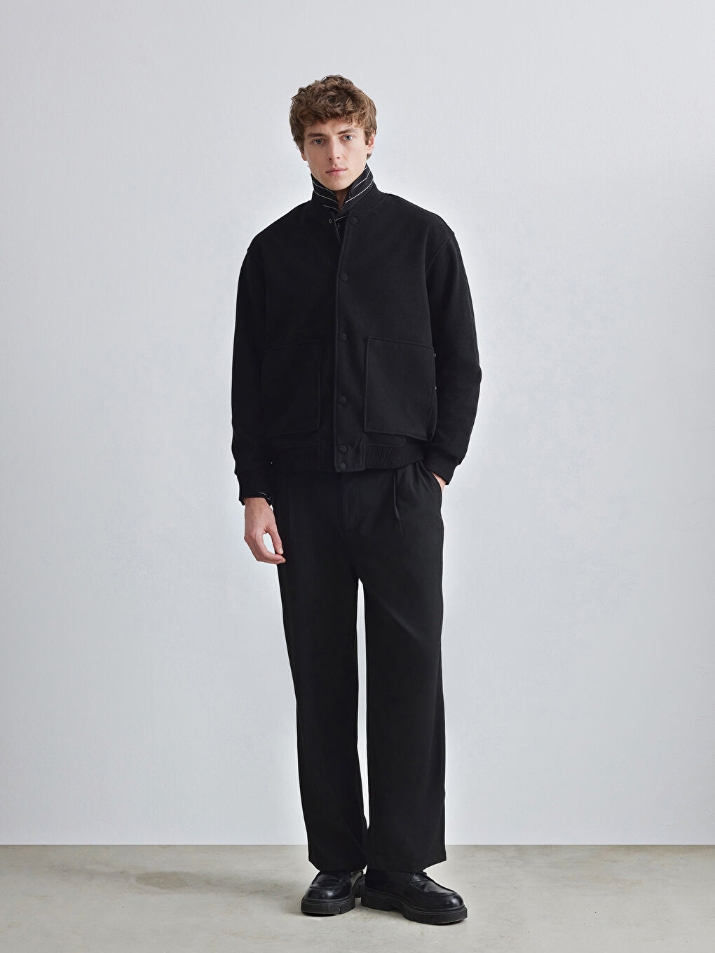 Siyah Rahat Kalıp Kolej Yaka Erkek Ceket-1