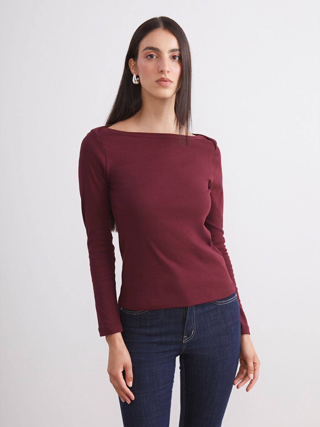 Bordo Kayık Yaka Kadın Body 2'li-2